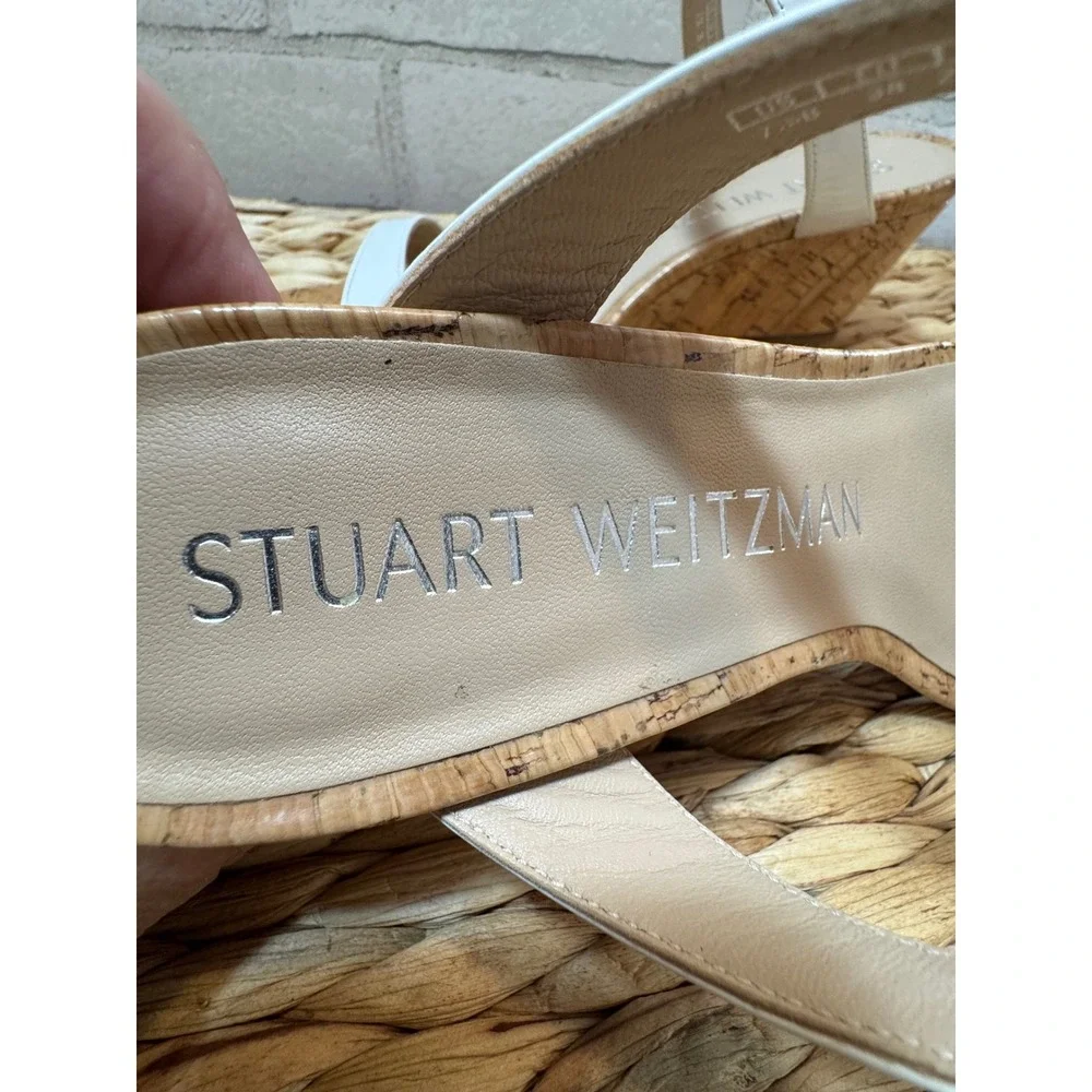 Stuart Weitzman Aleena White Patent Leather Wedge Sandals Square Toe Womens 7.5 - Picture 7 of 8